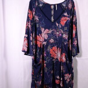 Free‎ People Womens 6 Navy Floral Eyes On You Mini Tunic Dress Boho 3/4 Sleeve